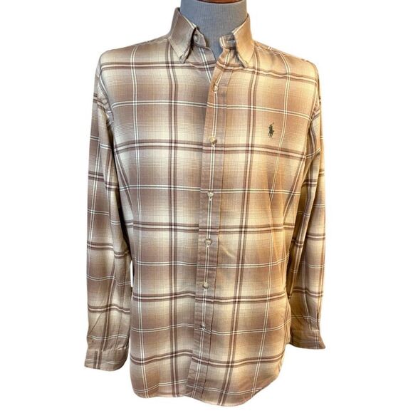 Ralph Lauren Classic Fit Flannel Plaid Button Front Shirt Sz. M Brown/Cream - Picture 1 of 8